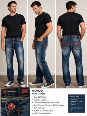 Mondo Men's Jean Unworn Condition Straight Slim Leg Embroidery Sz 34 Inseam 28.5